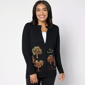 QUACKER FACTORY Women's Fall Foliage Cardigan Sweater Embroidered Sequins Autumn
